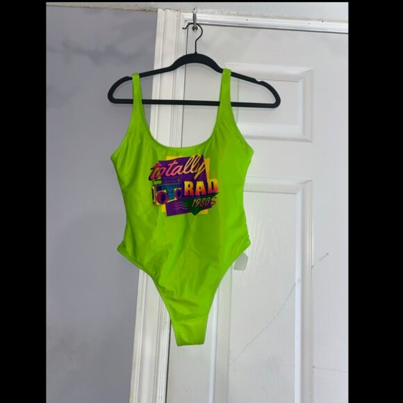 Size Women's Large/L neon green retro one piece swimsuit, 80s/90s bathing suit - Picture 3 of 6